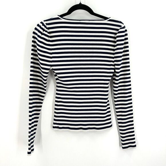 J. CREW Navy Blue White Striped Ribbed Stretch Cotton Square Neck Shirt Medium - Picture 4 of 7